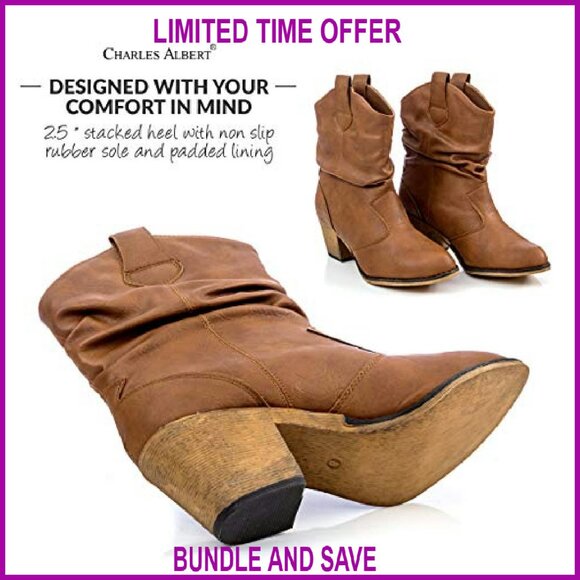 Women's Distressed Cowboy Boots with Pull-Up Tabs, 2.5-Inch Heel - Picture 3 of 8